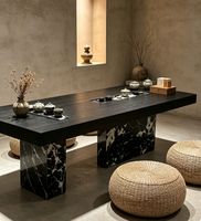 Table à thé moderne de luxe en bois massif 240 cm avec base en marbre noir, bureau de thé pour salon de villa