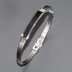 Prezzo di fabbrica personalizzabile 304L cavo in acciaio inox braccialetti con cuoio su piastra bracciali da uomo alla moda - Product Image 1