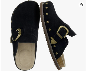 Mules à enfiler pour femmes en cuir suédé véritable avec boucle réglable et détails cloutés – Chaussures d'automne élégantes - Product Image 4