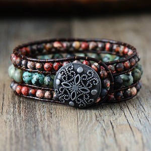 Envoltura de cuero Vintage bohemio hecho a mano para mujer, brazalete tejido con declaración geométrica de jaspe Natural para pulsera para aniversarios - Product Image 2