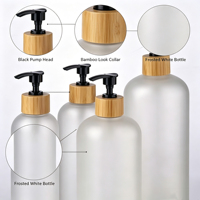 Bouteille de lotion en PET givré personnalisée de 300 ml et 500 ml avec col en bambou et pompe en PP noire pour hôtel, vente en gros, approvisionnement en vrac