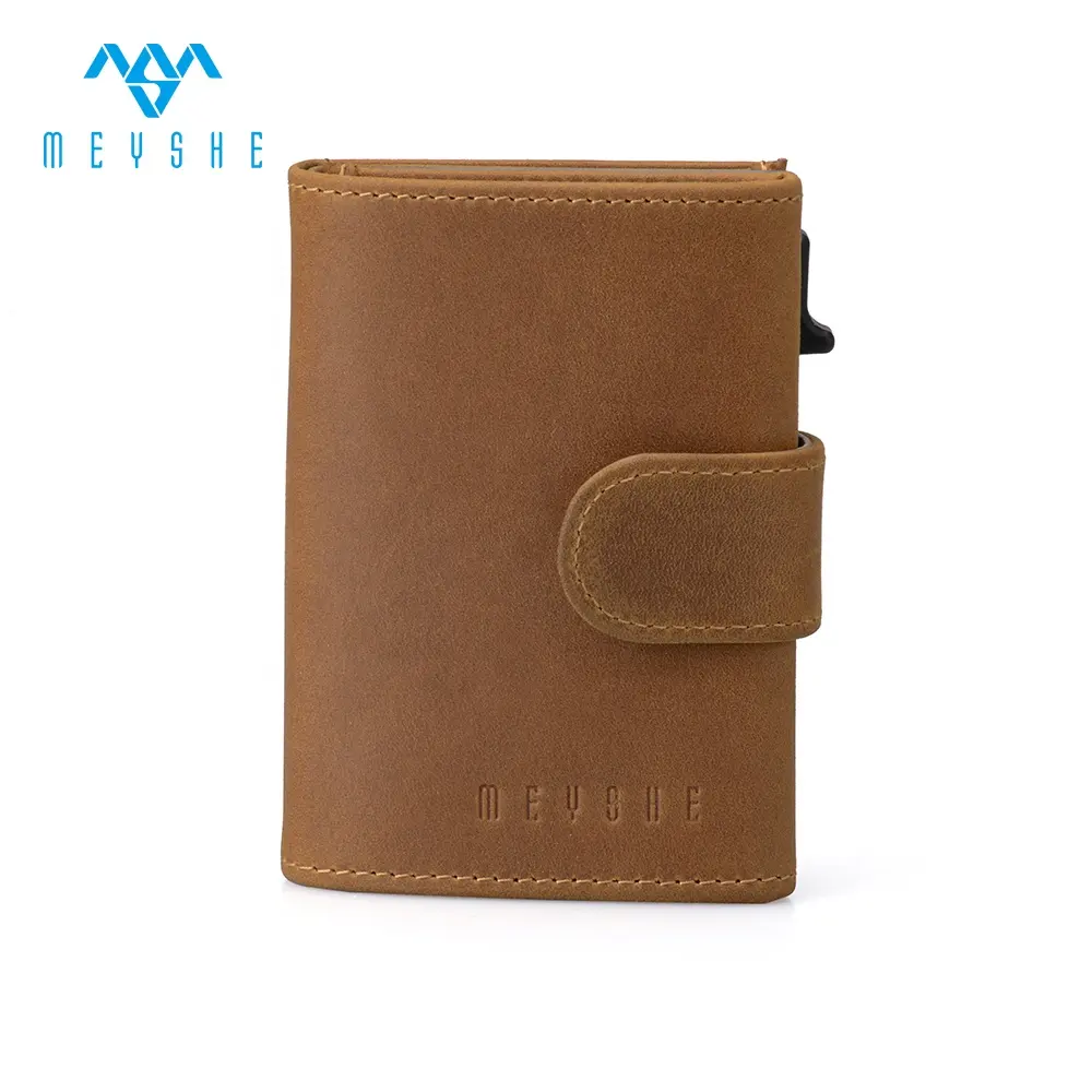 Crazy horse leather pop up rfid blocking card holder with zipper wallet for men