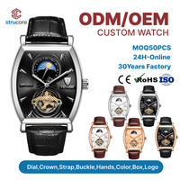 Montre automatique tourbillon personnalisée en gros, forme tonneau, phase de lune, saphir, bracelet en cuir, pour hommes, directement de l'usine
