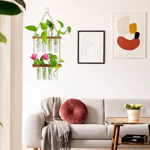 Terrarium en verre à double couche avec support en bois pour la propagation des plantes murales, 8 tubes à essai, vase pour la maison et le bureau - Product Image 5