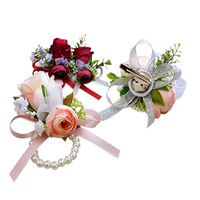 Set Korsase Pergelangan Tangan Boutonniere Mawar Buatan Dua Warna Merah Anggur Sutra Buatan Tangan Gaya Korea untuk Pengantin Pria