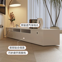 Meuble TV flottant en panneau artificiel, console multimédia murale à trois portes sans poignée, rangement fermé minimaliste pour téléviseur