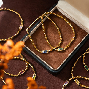 Baguette Birthstone Stretch <b>Bracelet</b> | 18K PVD <b>Gold</b> Plated Stainless Steel <b>Beads</b> | Waterproof, Hypoallergenic & Tarnish Free - Product Image 2