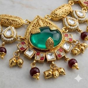 Ensemble de collier en perles Kundan fait main avec pierre vert émeraude, boucles d'oreilles traditionnelles indiennes pour mariée, bijoux pour femmes - Product Image 2