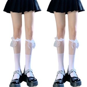 Mu Ruan Bow Tie Women's Mid Calf Lolita Style Knee Socks Transparent <b>Side</b> Ribbon Black <b>White</b> Cotton Summer Thin Sock - Product Image 5