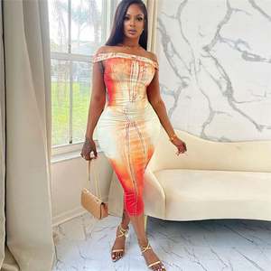 Robes décontractées 2023 Sexy hors épaule <span class=keywords><strong>Orange</strong></span> gris imprimé <span class=keywords><strong>robe</strong></span> <span class=keywords><strong>mi</strong></span>-<span class=keywords><strong>longue</strong></span> Lady Party Body Con Dress - Product Image 6