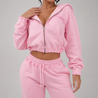 Ensemble de survêtement deux pièces pour femme, comprenant un sweat à capuche court zippé et un pantalon de survêtement large, en tissu éponge de haute qualité, effet vieilli, pour automne-hiver