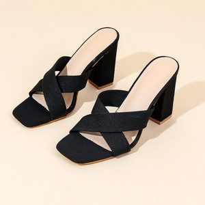 <b>Beige</b> Elastic Knit Criss Cross Mule Square Toe Block <b>Heel</b> Comfort on Designer Office Wear Women Slippers - Product Image 5