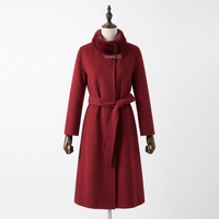 Manteau en cachemire pour femme, col en vison, bordeaux, double face, long, ceinturé, coupe ajustée, vêtement d'hiver