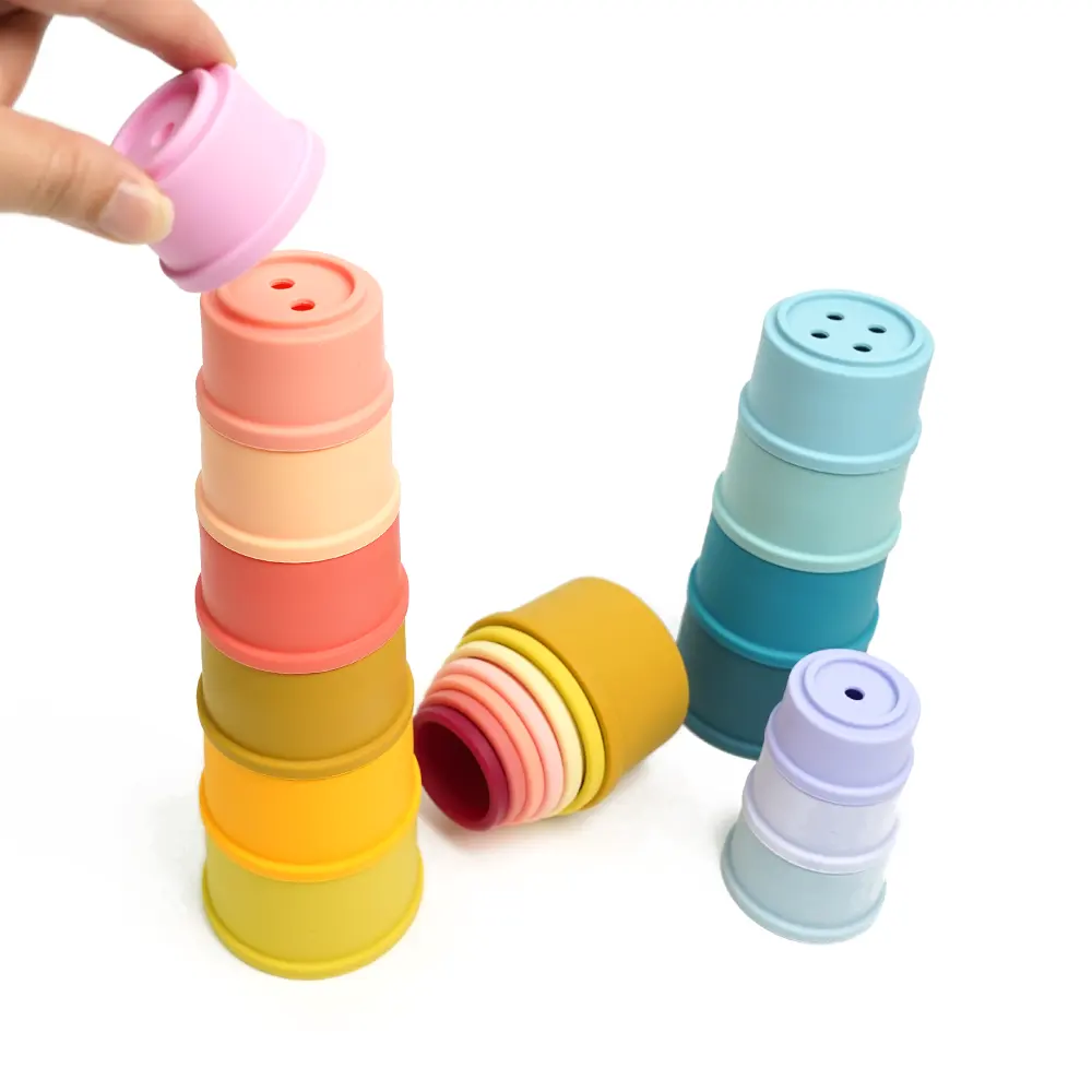 Hot Selling Baby Bunte pädagogische Intelligenz Faltturm Stapel becher Spielzeug Lebensmittel qualität Silikon Stapels pielzeug