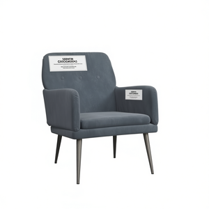 Poltrona Media in Velluto Grigio Scuro 100% Poliestere, Sedia da Soggiorno con Gambe in Metallo, Schienale Trapuntato, Stile Mid-Century Modern - Product Image 1