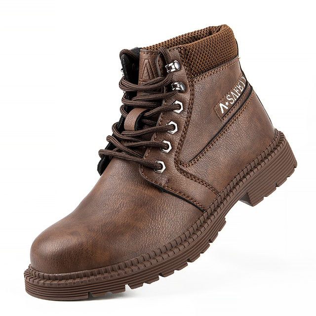 High Quality Brown Color Cow Leather Goodyear Welt Safety Boots with Steel Toe and Plate Casual Work Shoes