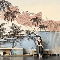 Murale murale Art Déco tropicale côtière, motif palmier de coco et vue sur la montagne et la mer dessinée à la main, impression par transfert thermique, imperméable, sur mesure