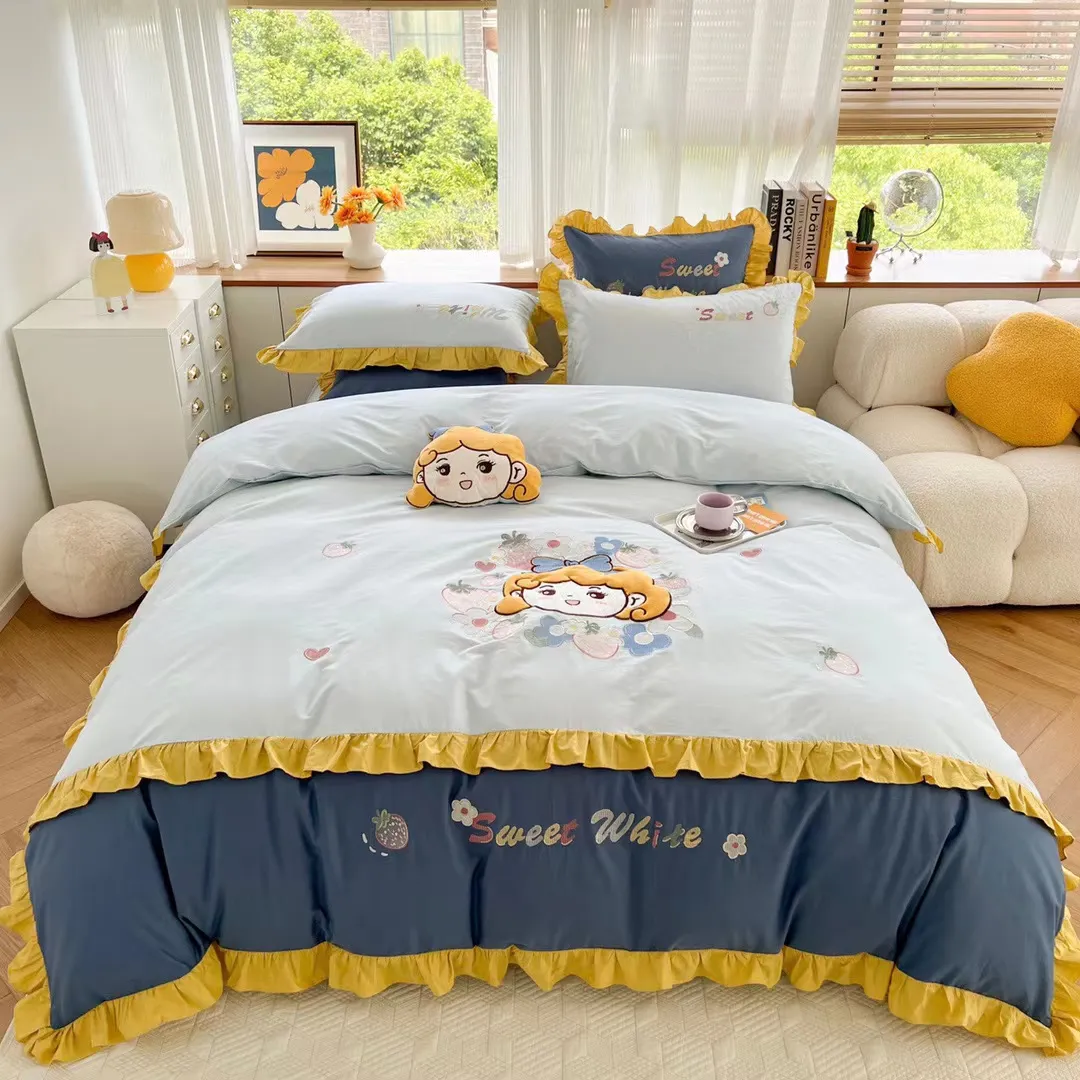 مجموعة مفروشات السرير الفاخرة المطرزة للاطفال 100% قطن اغطية السرير مجموعات الفراش للبنات