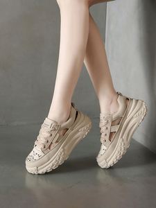 Baskets décontractées d'extérieur pour femme, en cuir kaki, respirantes, à enfiler, avec plateforme compensée épaisse, idéales pour les vacances - Product Image 6
