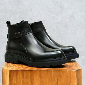 Mens Black Cowhide Chelsea Boots Round Toe Slip On Ankle Footwear Lightweight Casual <b>Shoes</b> for Autumn Winter - Product Image 2