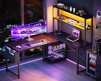 AJUNION Bureau en L de 53 pouces avec éclairage LED Bureau de jeu réversible Prises de courant Table d'ordinateur d'angle avec étagères de rangement