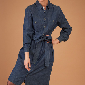 <span class=keywords><strong>2022</strong></span> venta al por mayor elegante camisa de mezclilla Jean Vestido de manga larga con cinturón para mujer - Product Image 5