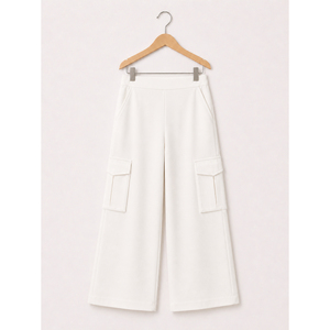 Reasonable Prices <b>White</b> Wide Leg <b>Cargo</b> Trousers High Waist Casual Pants with Side Pockets For Women By Exporters - Product Image 1