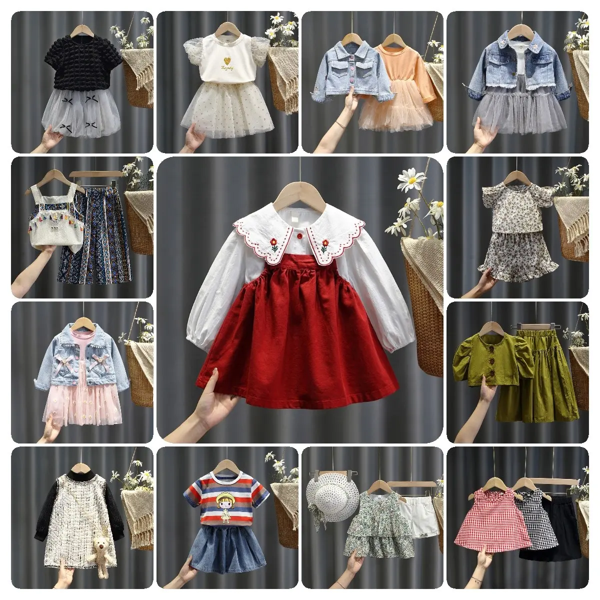 ガールズドレスセット卸売春と秋スタイルベビースタイルドレス子供韓国スタイルコットンサスペンダースカートツーピースセット