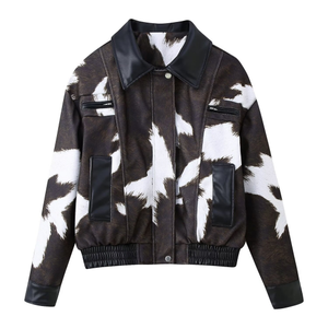 เสื้อแจ็คเก็ตบอมเบอร์สั้<span class=keywords><strong>น</strong></span>แบบมีซิป หนัง PU ลายวัว สไตล์อเมริกั<span class=keywords><strong>น</strong></span>แนวสตรีท ดีไซ<span class=keywords><strong>น</strong></span>์ใหม่สำหรับฤดูใบไม้ร่วง สำหรับผู้หญิง - Product Image 4