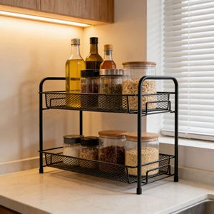 Spice Rack Double Layer Black Metal With Handle <b>Kitchen</b> Countertop <b>Storage</b> Organizer For Spices And Condiments - Product Image 2