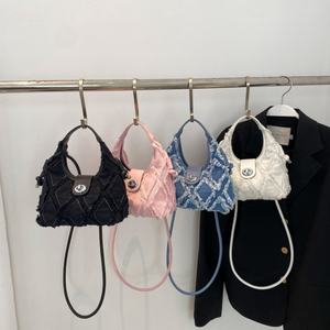 Wholesale Denim Solid Color Ruched Embroidery Cover Closure Fluffy Plush <b>Tassel</b> Hobo <b>Handbag</b> Women Shoulder Messenger Bags - Product Image 3