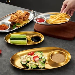 Plateaux de service ovales modernes en acier inoxydable 304 coréen, avec compartiments, pour frites, snacks, sauces, restaurants et hôtels - Product Image 4