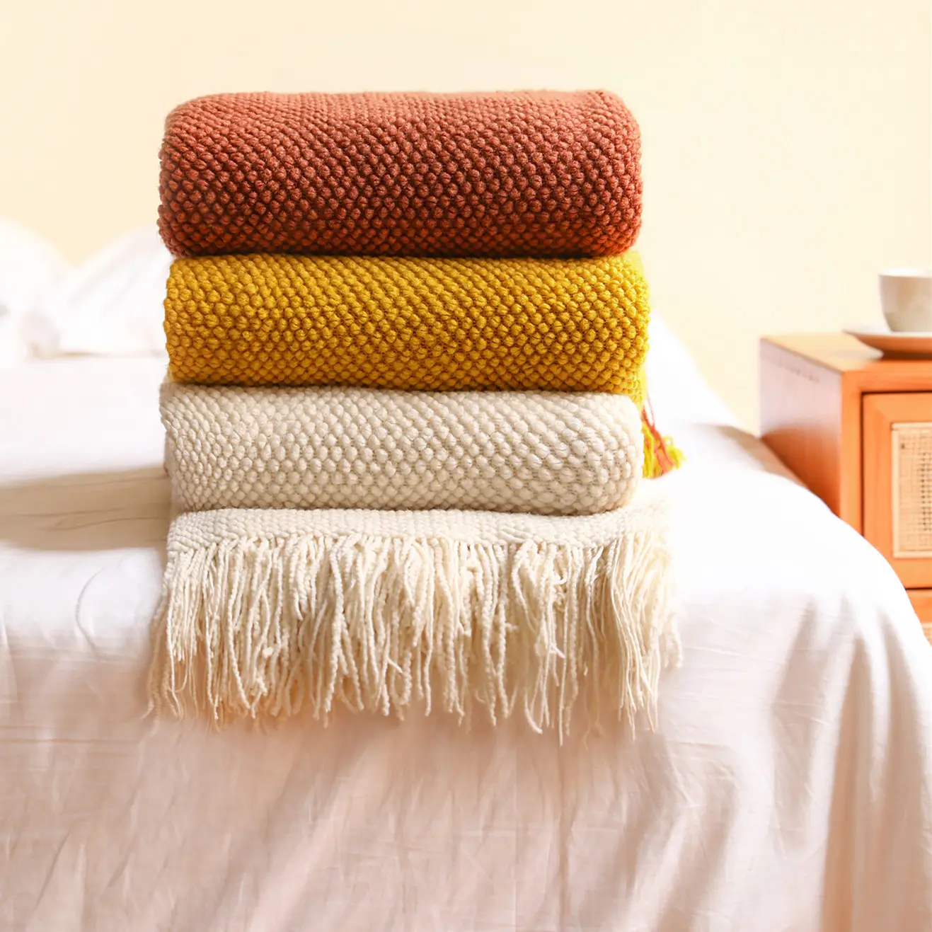 Cobertor texturizado para sofá, casa, cor sólida, macio, poliéster, capa para sofá, malha com borlas