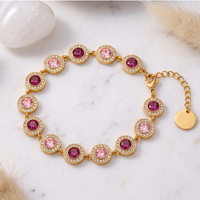 Gelang Tenis Berlian Imitasi Bulat Dua Warna Pink, Baja Tahan Karat 304 Berlapis Emas, Gelang Rantai Warna Fuchsia & Pink Muda Bergantian