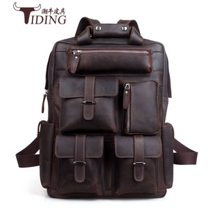 Tiding Men's <b>Backpack</b> Genuine <b>Leather</b> <b>Large</b> Capacity Travel Bag Solid Color Detachable Strap Breathable Wear Resistant - Product Image 1