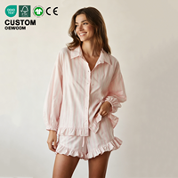 Pyjama pour femmes, vêtements de nuit en deux pièces, ensemble léger en coton à volants, manches longues et shorts, ensemble de détente respirant, pyjamas