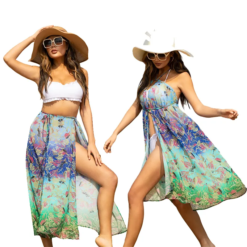 Vestido de verano estampado para mujer, traje de baño de 2 vías, sarong