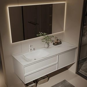 Modern Minimalist White Floating Bathroom Vanity Marble <b>Sink</b> Cabinet with Smart LED Mirror <b>Storage</b> Drawers - Product Image 5