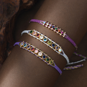 Bracelet tressé en corde cirée avec zircon coloré, style rétro élégant français, chic parisien vintage, bohème, tissé à la main, Purlseras - Product Image 2