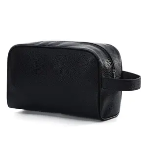 Unisex deep blue color make up organizer pouch men's soft PU shinny leather toiletry cosmetic makeup bags luggage