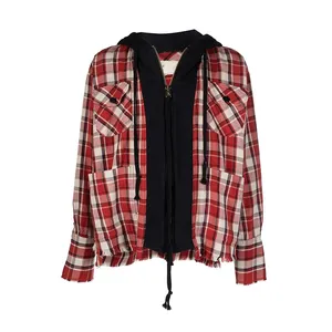 Wholesale Front Zip Fastening Coats Popular Frayed Detailing Plaid Check Pattern Jacket Beautiful Hooded Flannel Jacket for Men