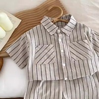 Ensemble de vêtements d'été unisexe en coton rayé avec col rabattu pour bambins et bébés