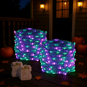 2 Pack 100 LED 33ft Battery Operated Halloween Fairy <b>String</b> Lights Purple Green 8 Modes Remote Porch Fireplace Decorations - Product Image 2