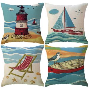 4 Fundas de Almohada Cuadradas con Diseño de Playa, <span class=keywords><strong>Faro</strong></span>, Velero y Silla de Cubierta, Ideales para Decoración del Hogar - Product Image 1