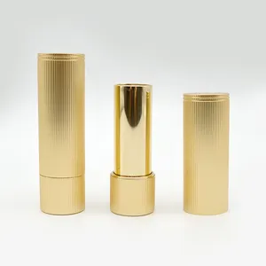 Luxury Shiny Gold Round Empty Lipstick Bottle Aluminum Stripe Pattern Empty Lipstick Tube Container