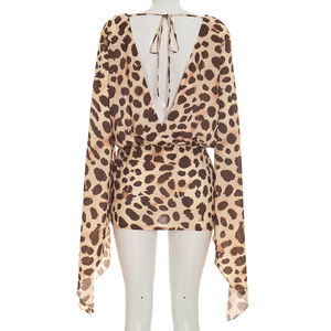 Viviblook C26DS177 Nuevo vestido mini de fiesta informal de verano para mujer con estampado de leopardo y cuello en V con cordones y mangas anchas - Product Image 3