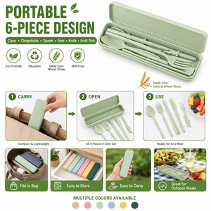 Juego de cubiertos portátiles de paja de trigo, utensilios de viaje ecológicos, cuchara, tenedor y palillos reutilizables con estuche, <span class=keywords><strong>vajilla</strong></span> sin BPA - Product Image 5