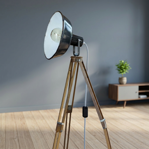 Lampe sur pied industrielle à trépied, base en bois massif, abat-jour cylindrique en métal, LED E27, direction réglable pour salon et chambre - Product Image 2