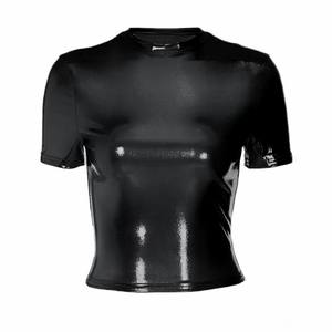 Cuero sólido cuello redondo manga corta Sexy Slim Y2K camiseta Top verano mujeres moda camisetas Streetwear Grunge ropa - Product Image 5