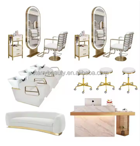 Sillón de Barbero Profesional Americano Ajustable con Efecto Madera y Dorado, Espejo LED Arqueado, Unidades de Lavacabezas y Silla de Belleza Completa para Salón - Product Image 4